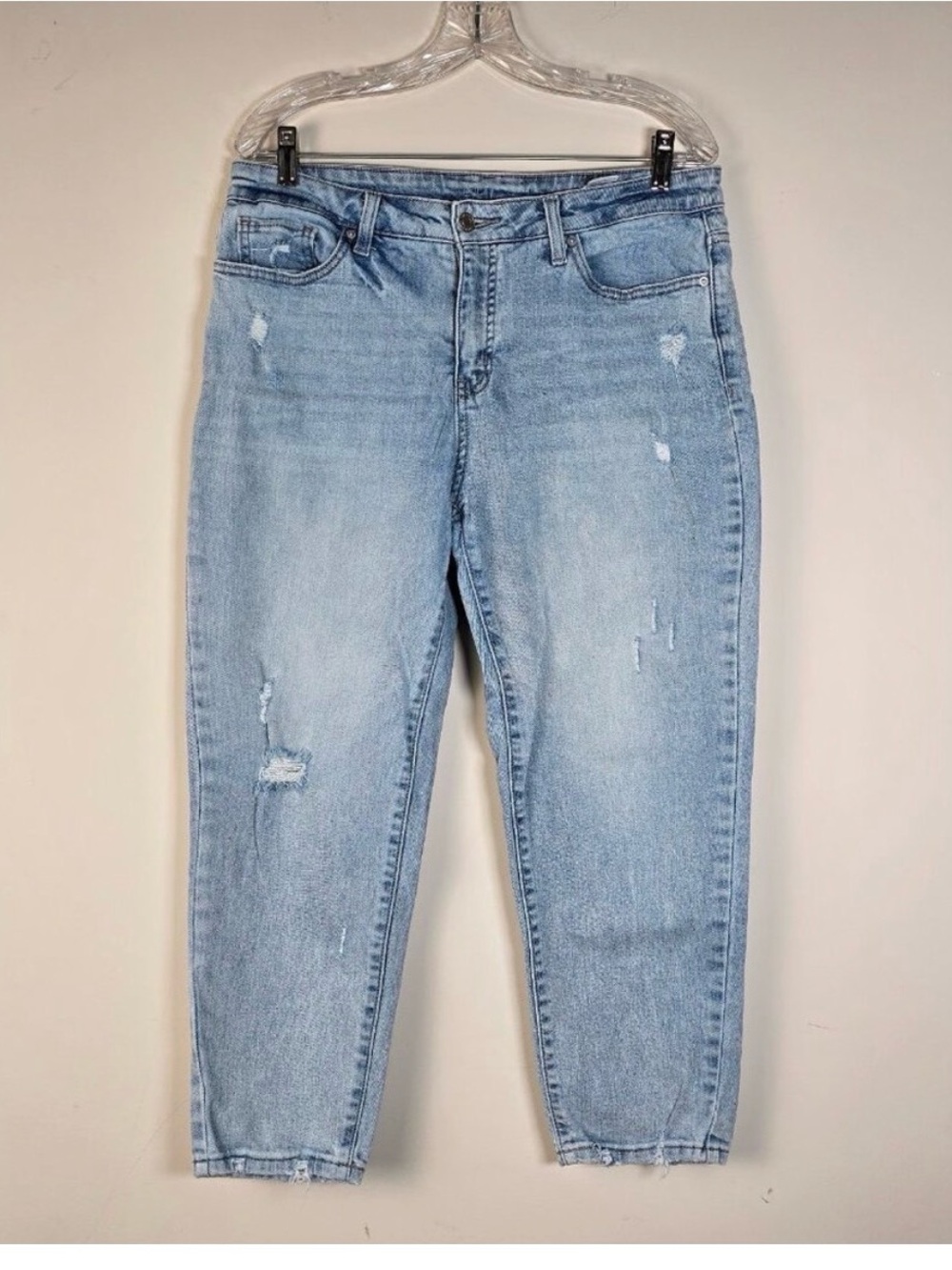 Womens Jeans Size 10 Blue Light Wash Denim Distressed Cropped Whiskers Casual